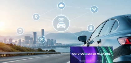 Connected car with Automotive IoT technology, connectivity, cloud and telematics icons for smarter mobility by OCTO.